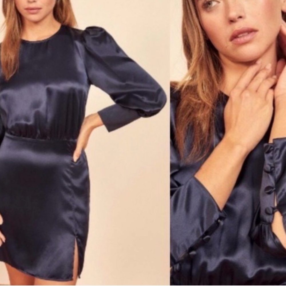 Reformation Cairo Mini Dress Navy Blue 100% Silk size 12